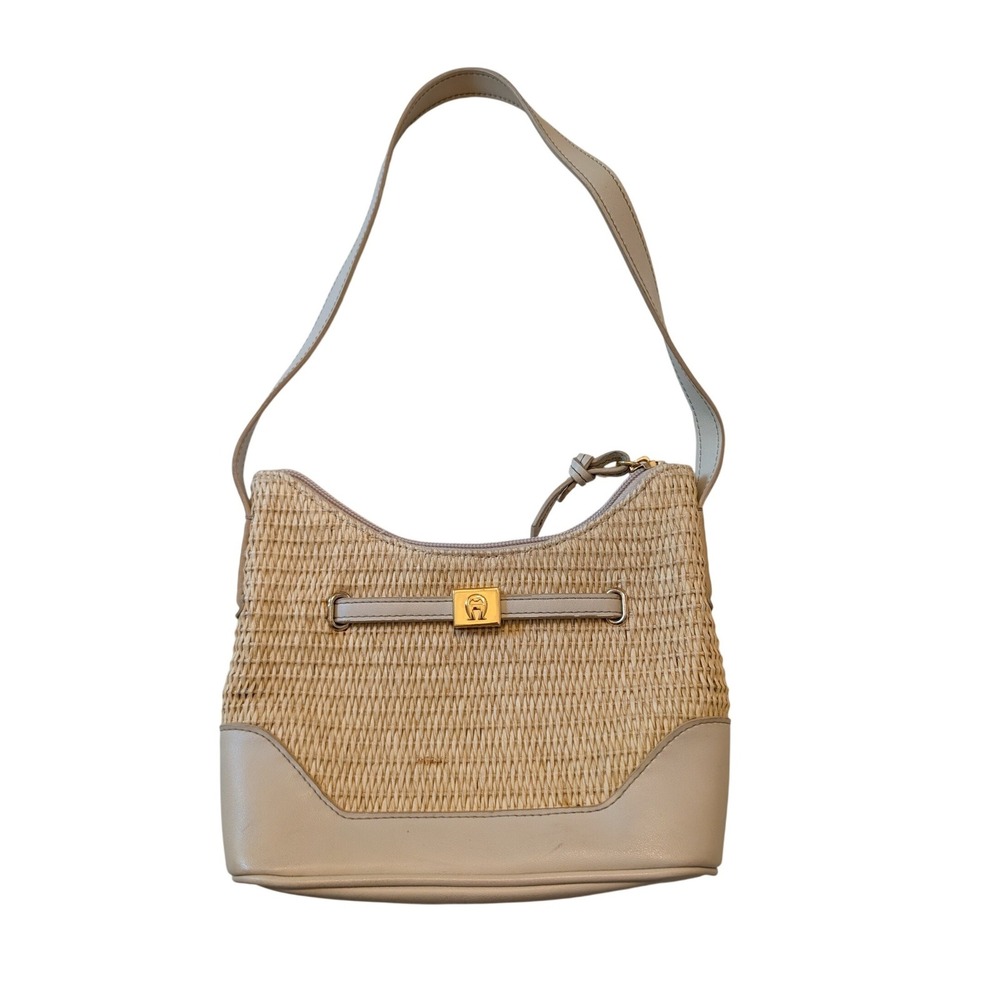 Etienne Aigner Shoulder Bag Small Cream Straw Woven Faux Leather Trim Classic